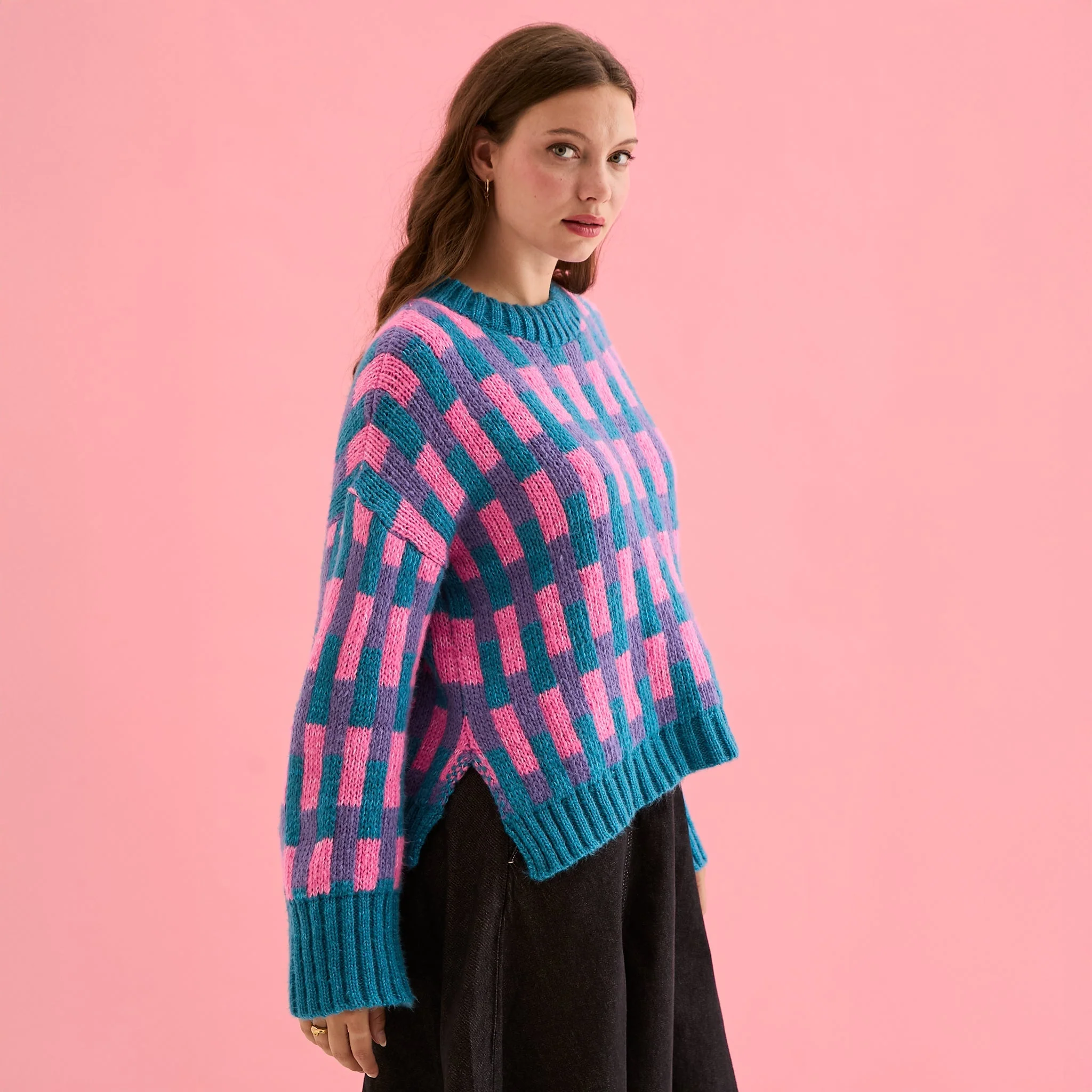 Charlotte Geometric Pattern Wide Sleeve Knit Jumper - Teal - Image 10