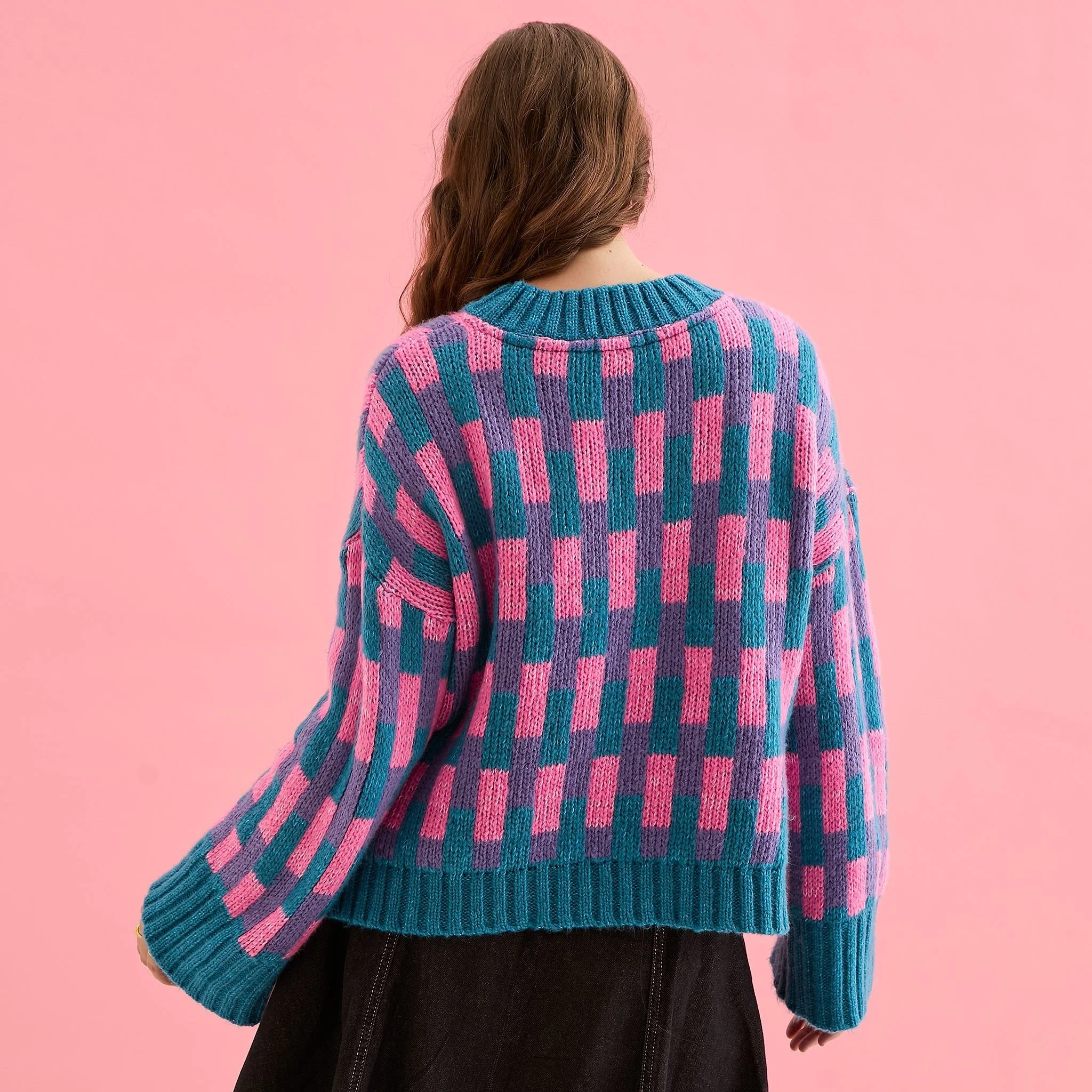 Charlotte Geometric Pattern Wide Sleeve Knit Jumper - Teal - Image 11