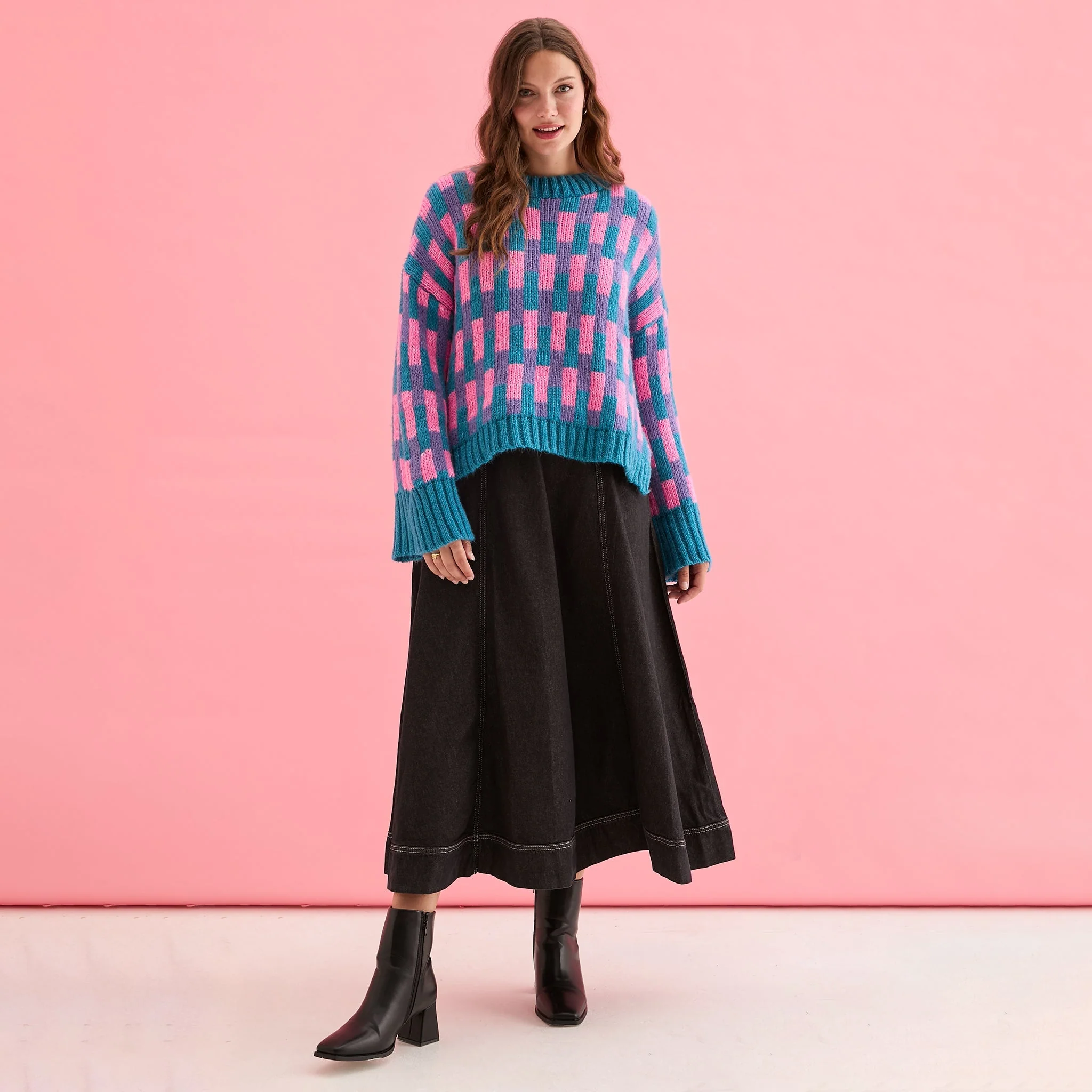 Charlotte Geometric Pattern Wide Sleeve Knit Jumper - Teal - Image 3