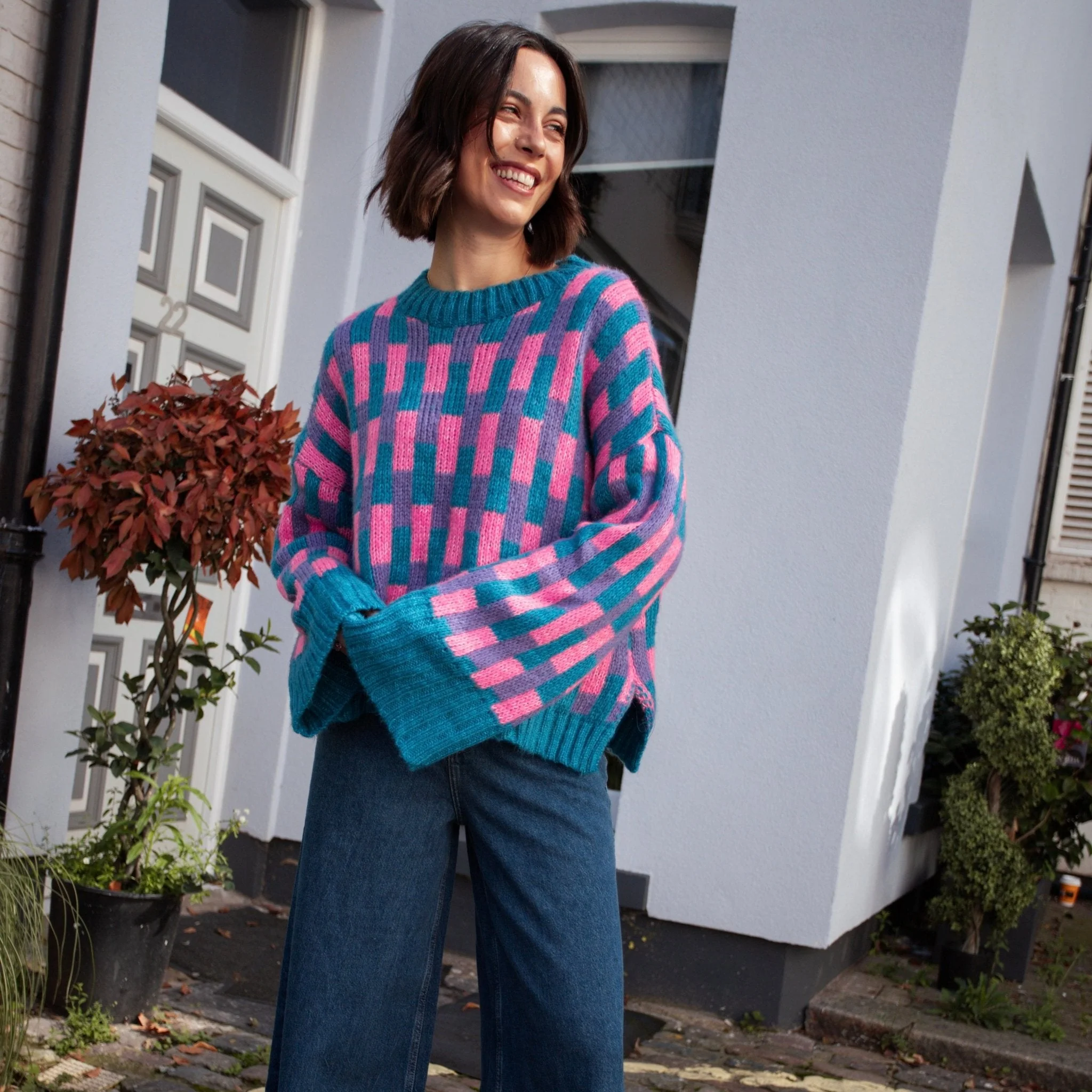 Charlotte Geometric Pattern Wide Sleeve Knit Jumper - Teal - Image 5