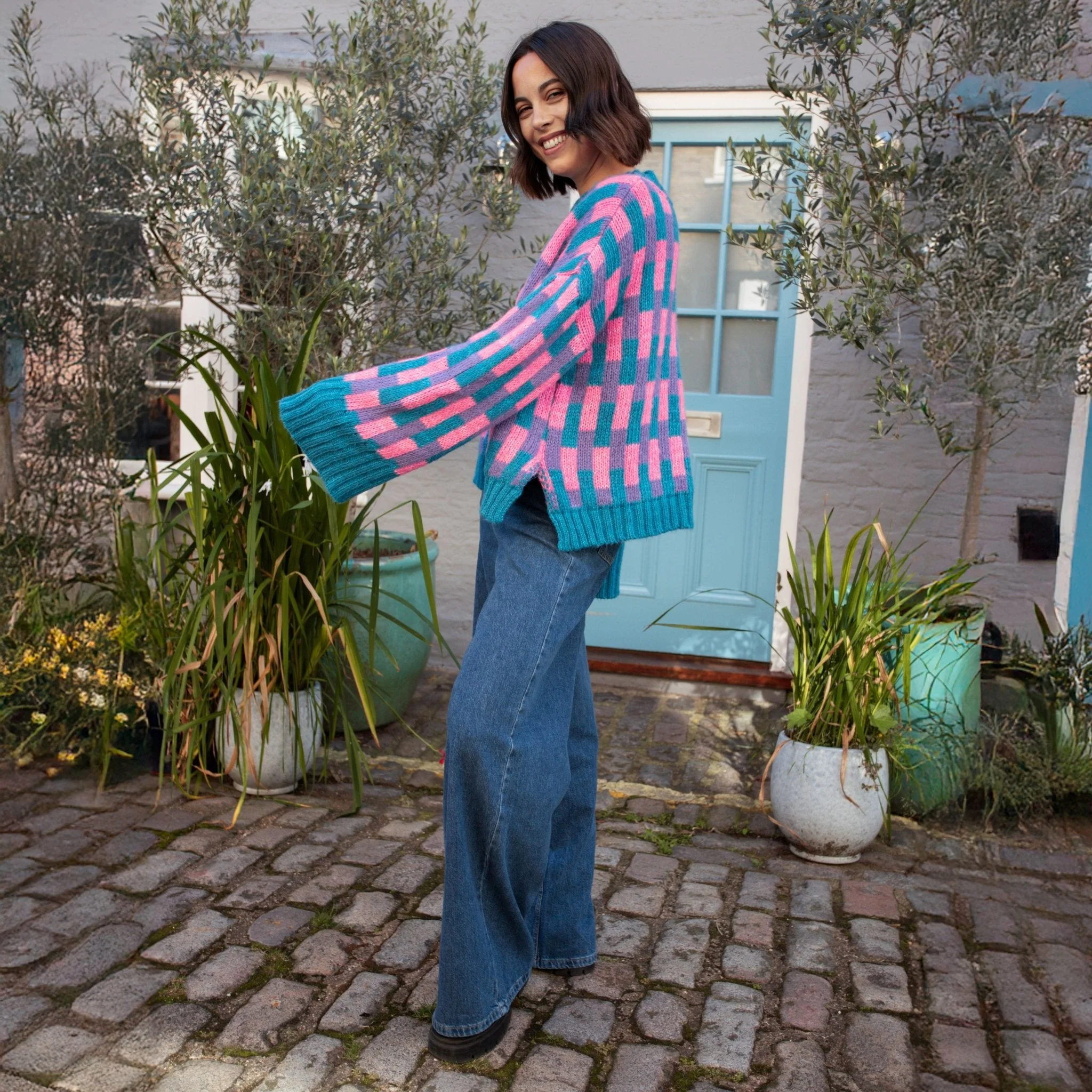 Charlotte Geometric Pattern Wide Sleeve Knit Jumper - Teal - Image 6