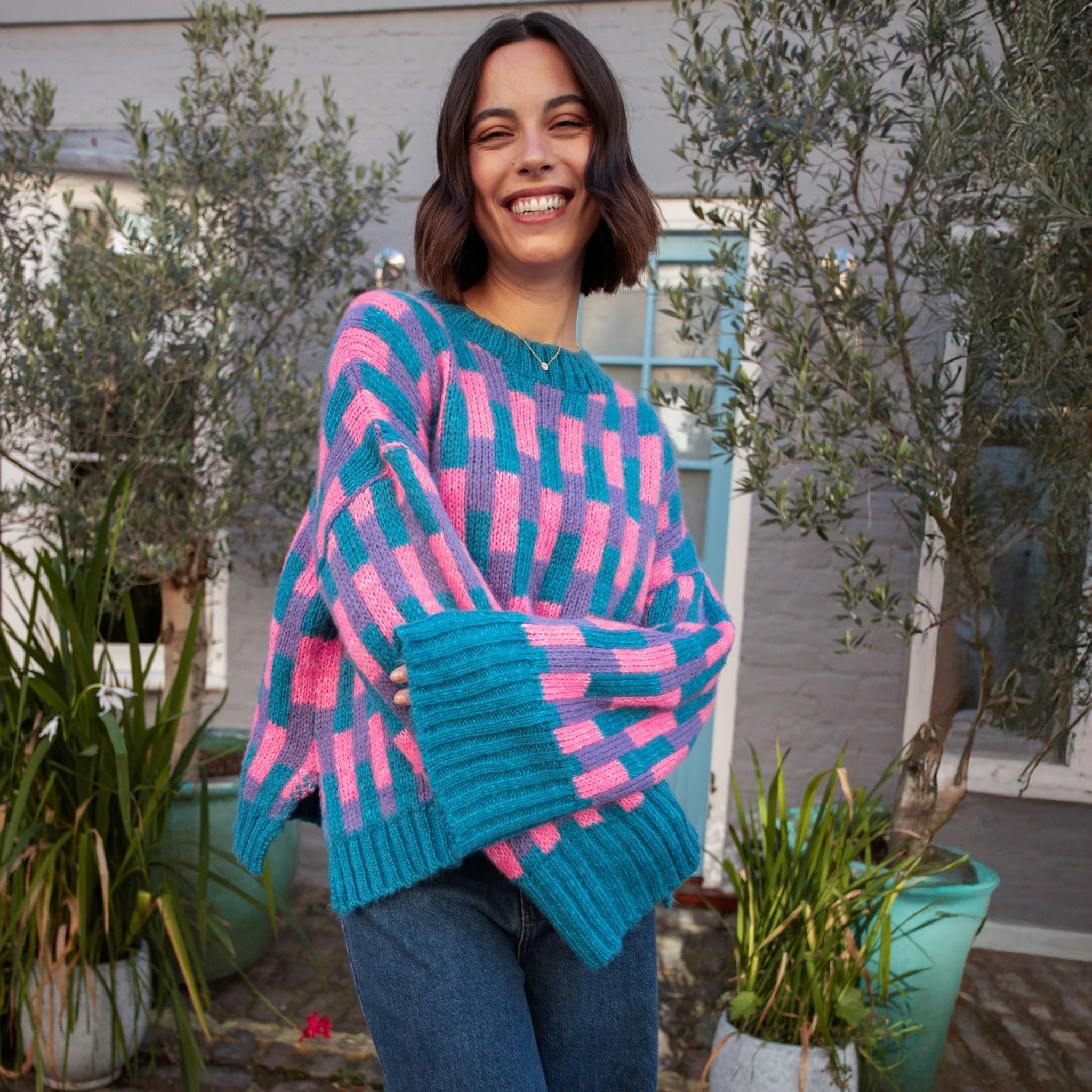 Charlotte Geometric Pattern Wide Sleeve Knit Jumper - Teal - Image 7