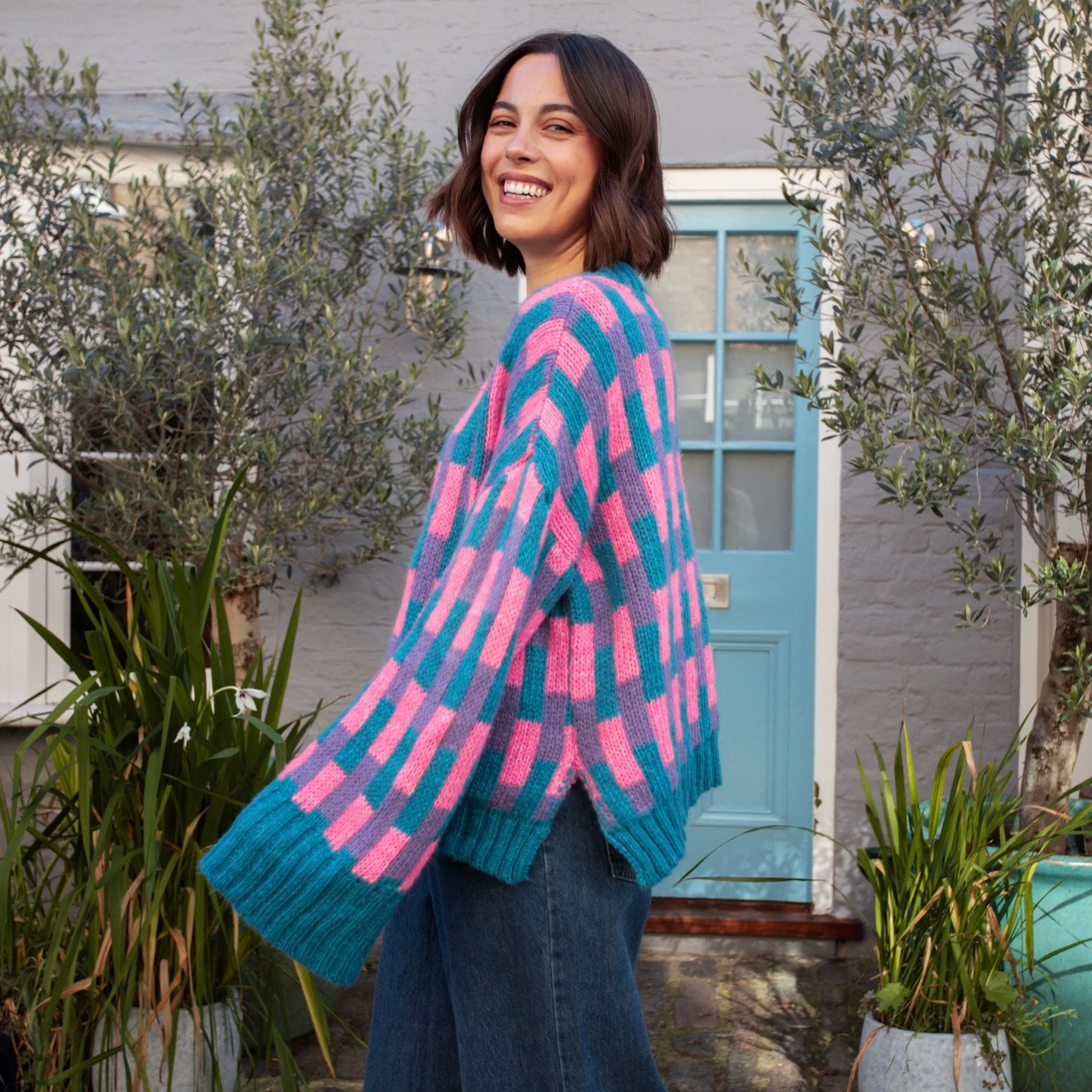 Charlotte Geometric Pattern Wide Sleeve Knit Jumper - Teal - Image 8