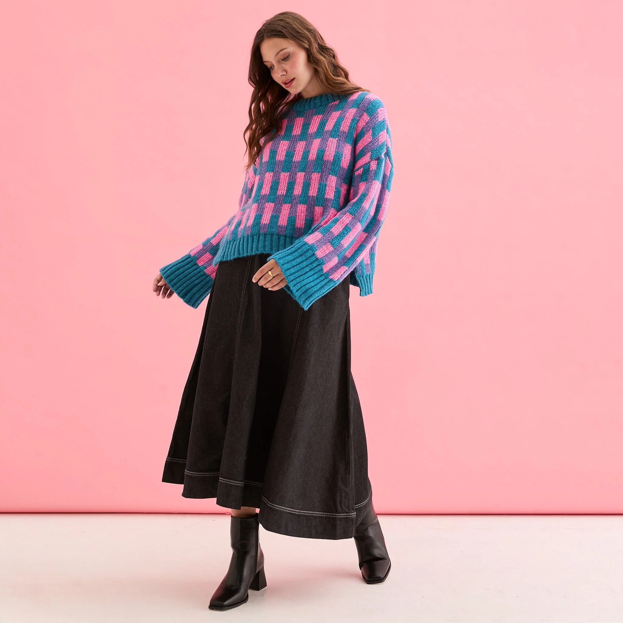 Charlotte Geometric Pattern Wide Sleeve Knit Jumper - Teal - Image 9