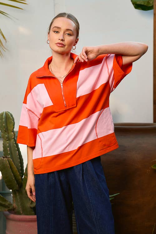 Colour Block Half-Zip Short Sleeve Top - Image 5