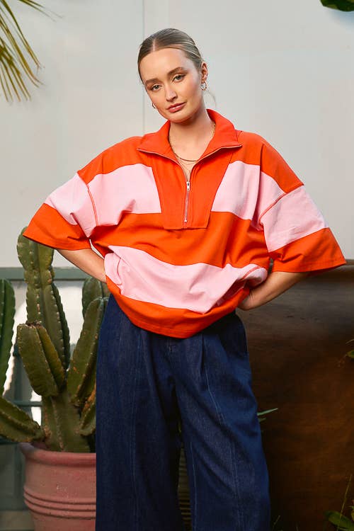 Colour Block Half-Zip Short Sleeve Top - Image 6