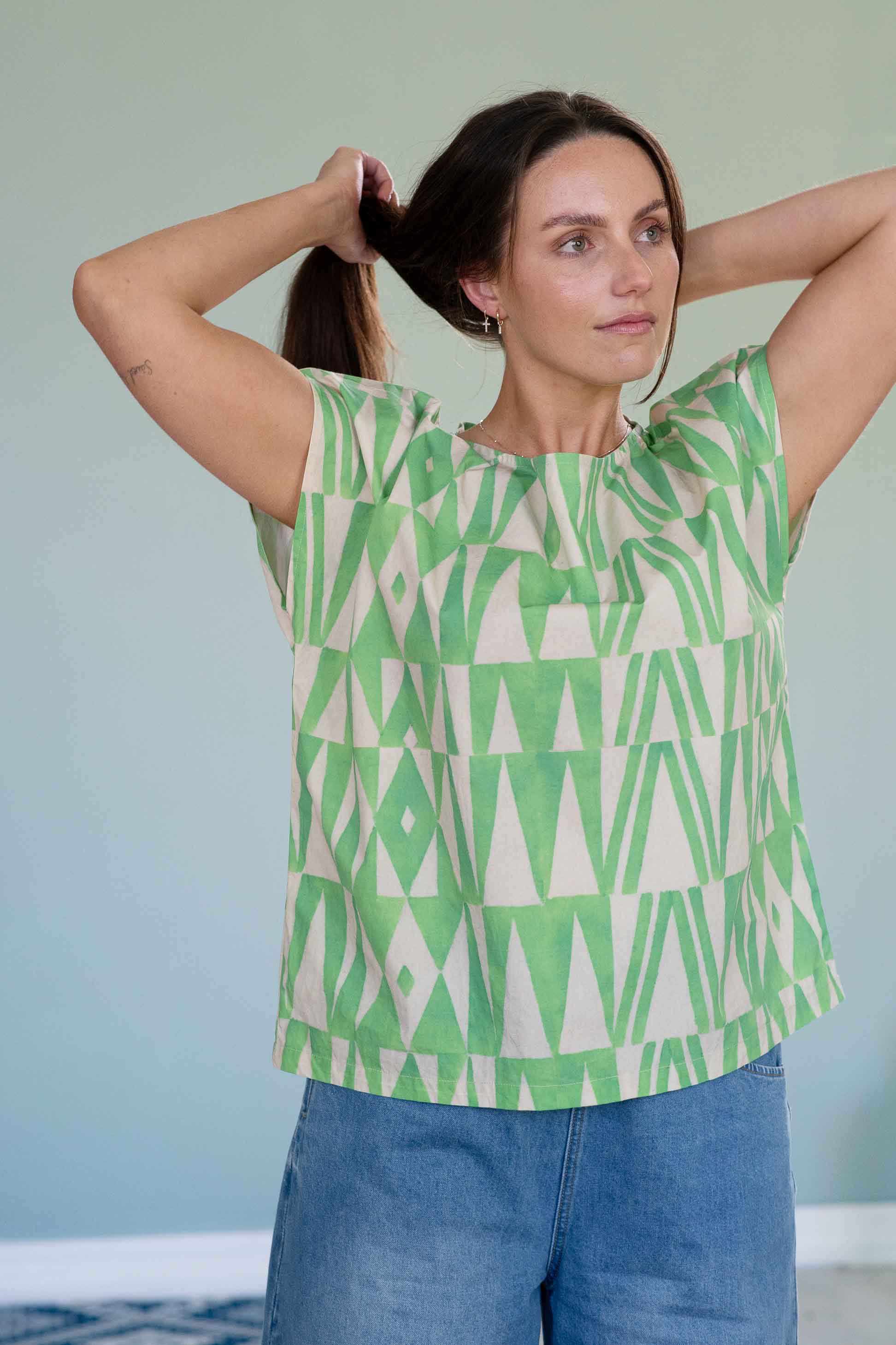 Eleanor Organic Cotton Top in Green Geo - Image 2
