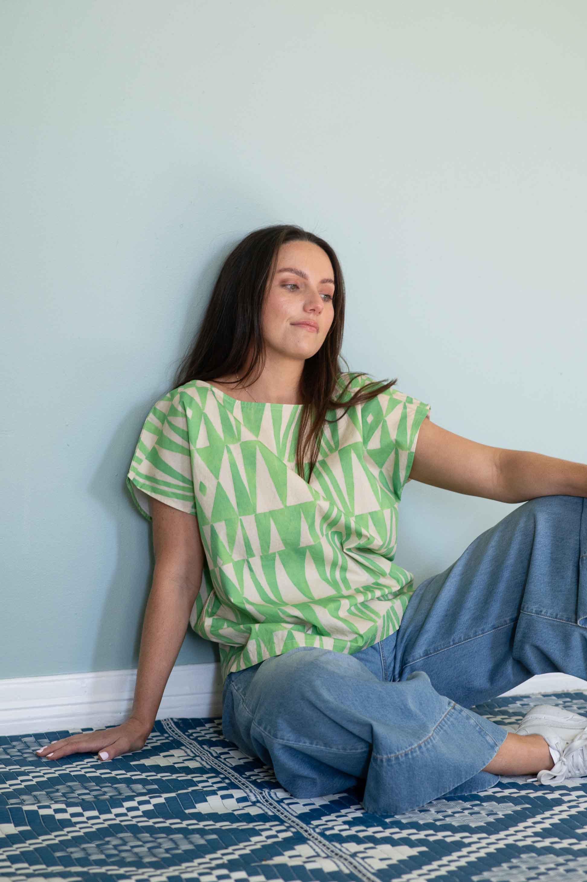 Eleanor Organic Cotton Top in Green Geo - Image 4