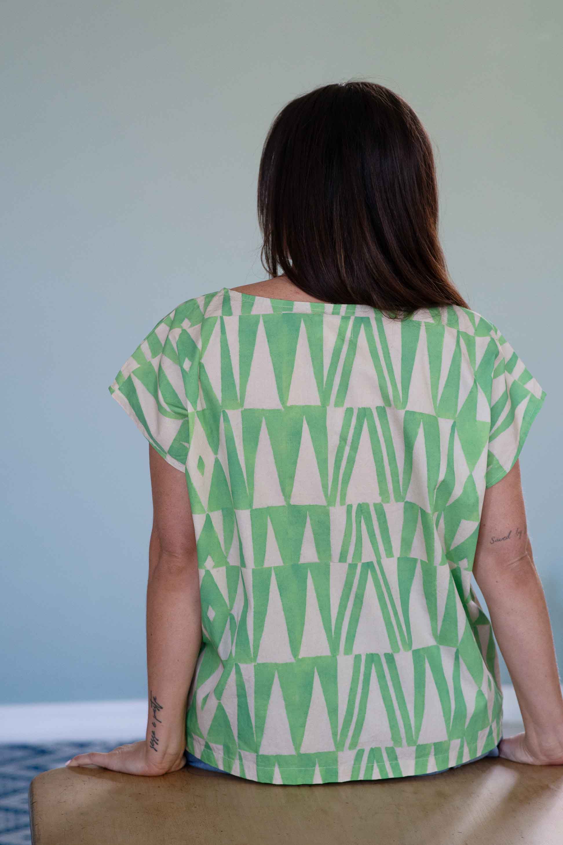Eleanor Organic Cotton Top in Green Geo - Image 5