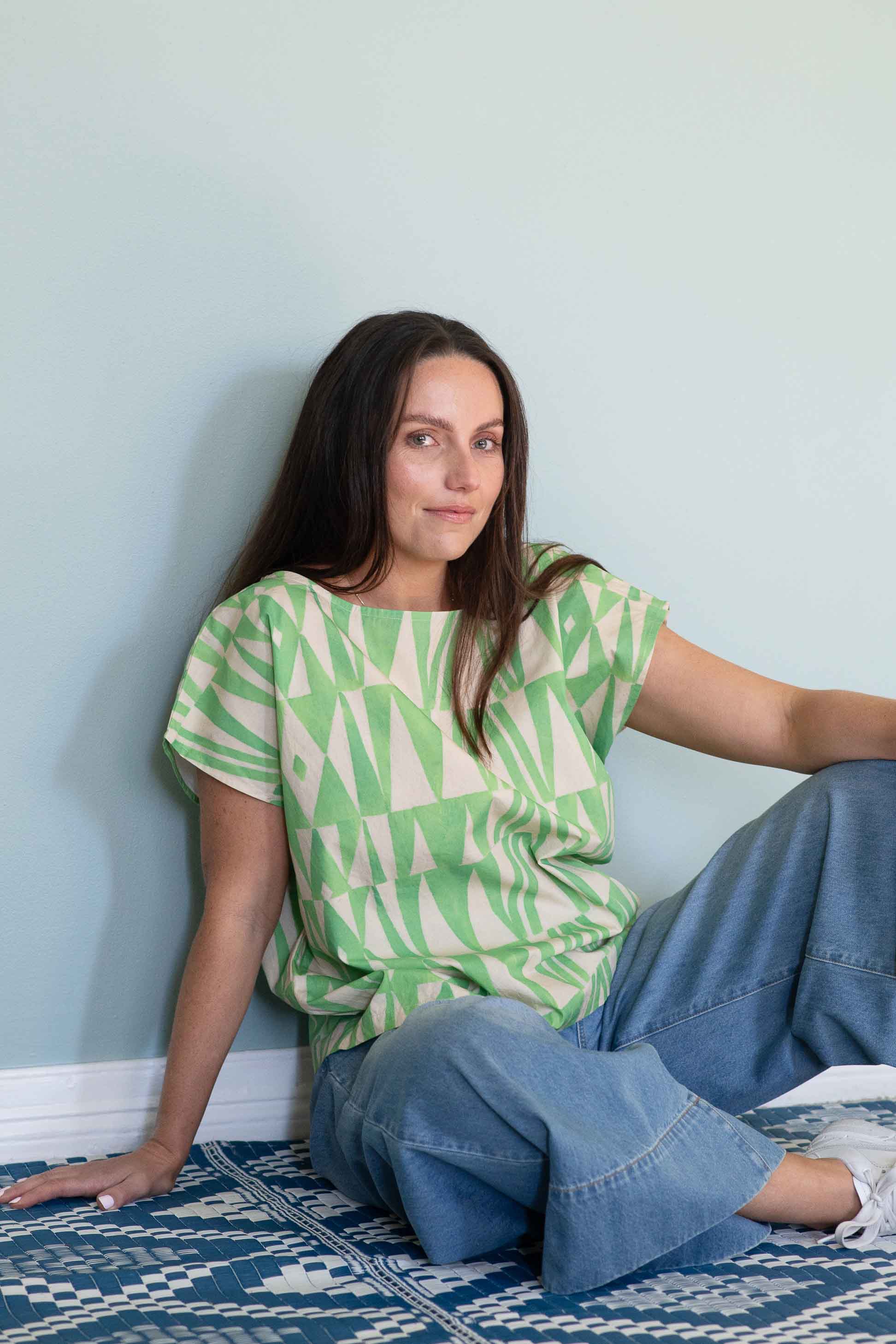 Eleanor Organic Cotton Top in Green Geo - Image 6