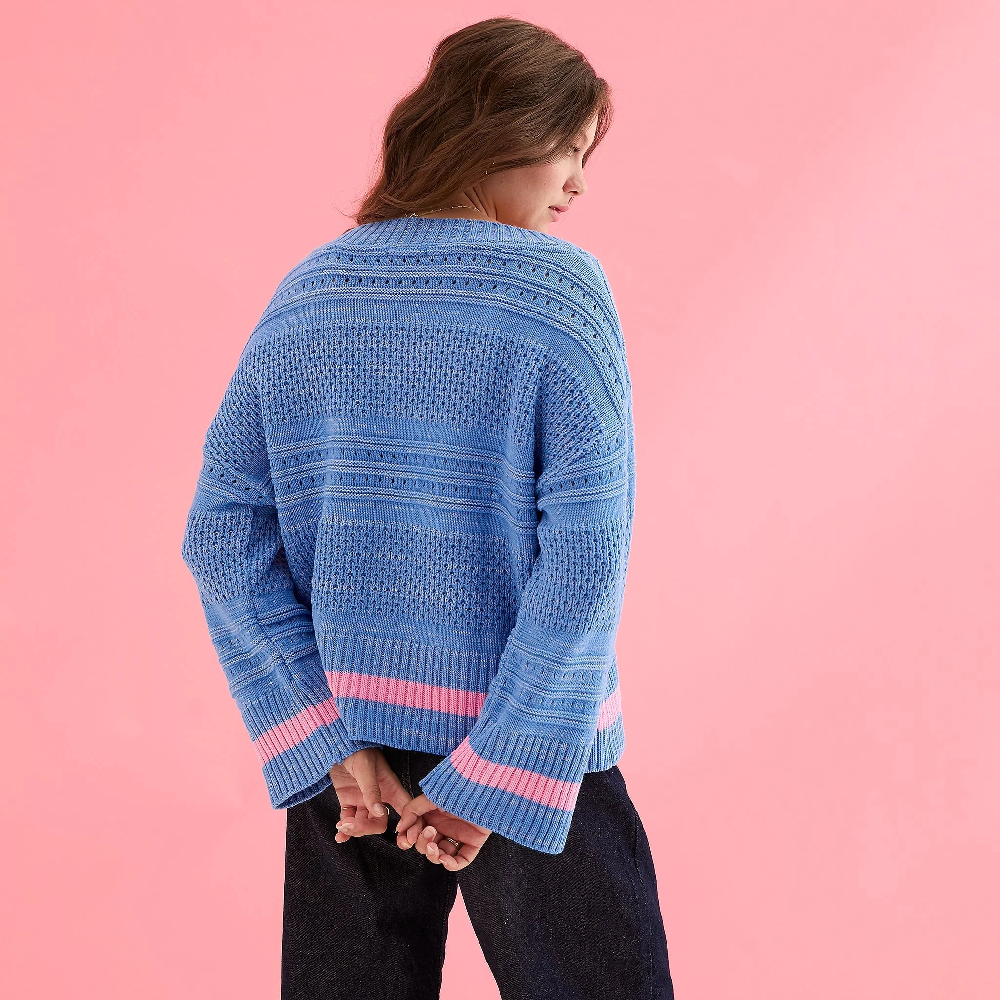 Judith Pointelle Stitch V Neck Jumper - Blue - Image 10