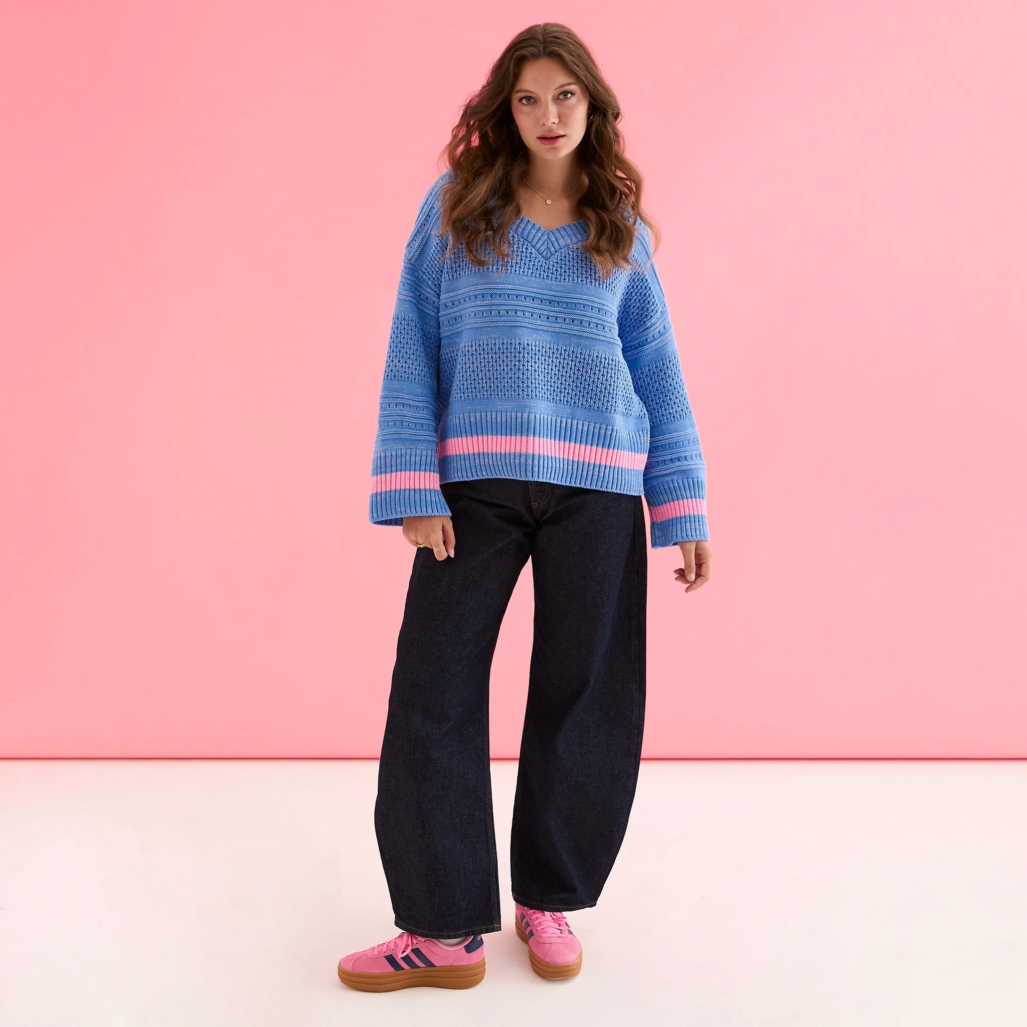 Judith Pointelle Stitch V Neck Jumper - Blue - Image 11