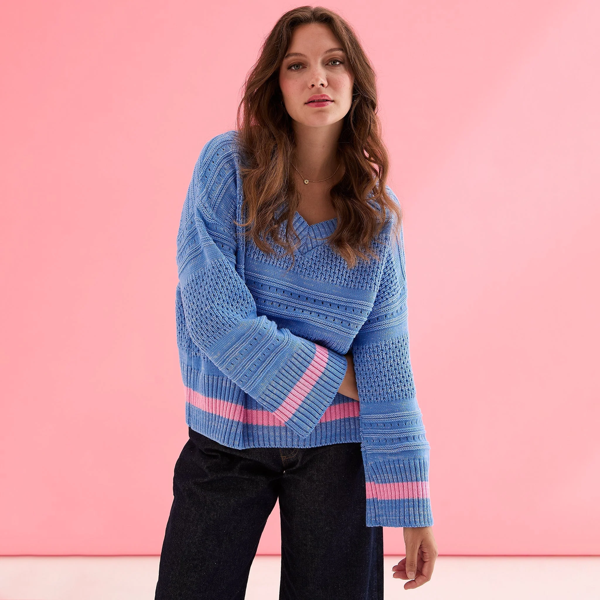 Judith Pointelle Stitch V Neck Jumper - Blue - Image 12