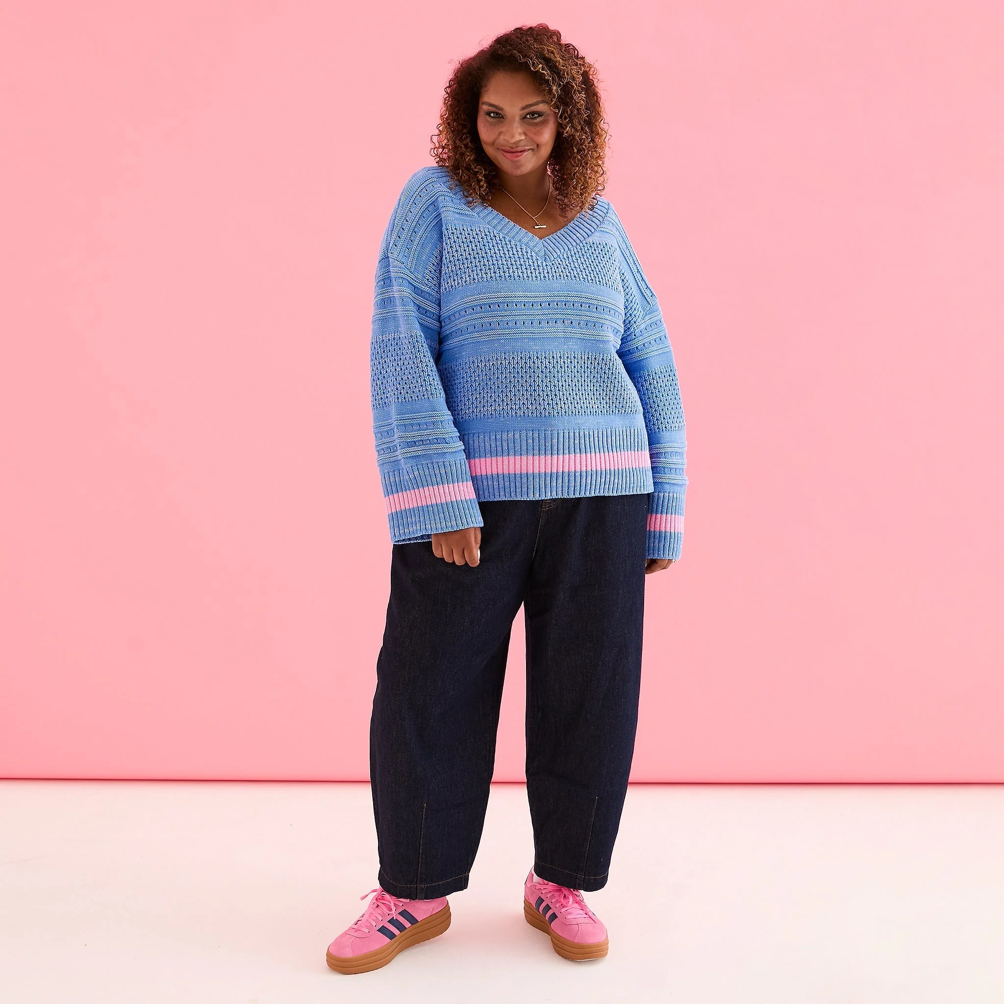 Judith Pointelle Stitch V Neck Jumper - Blue - Image 5