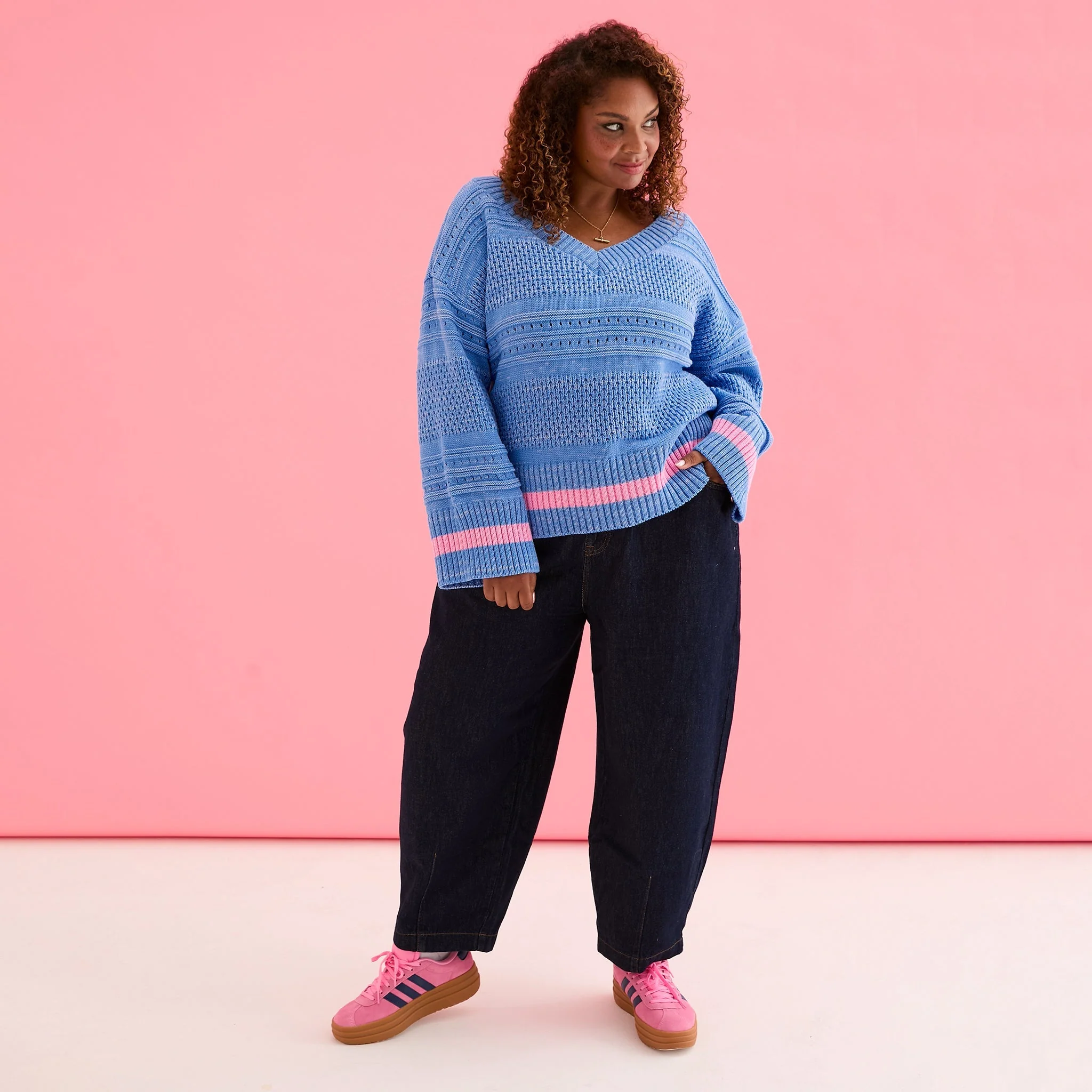 Judith Pointelle Stitch V Neck Jumper - Blue - Image 7