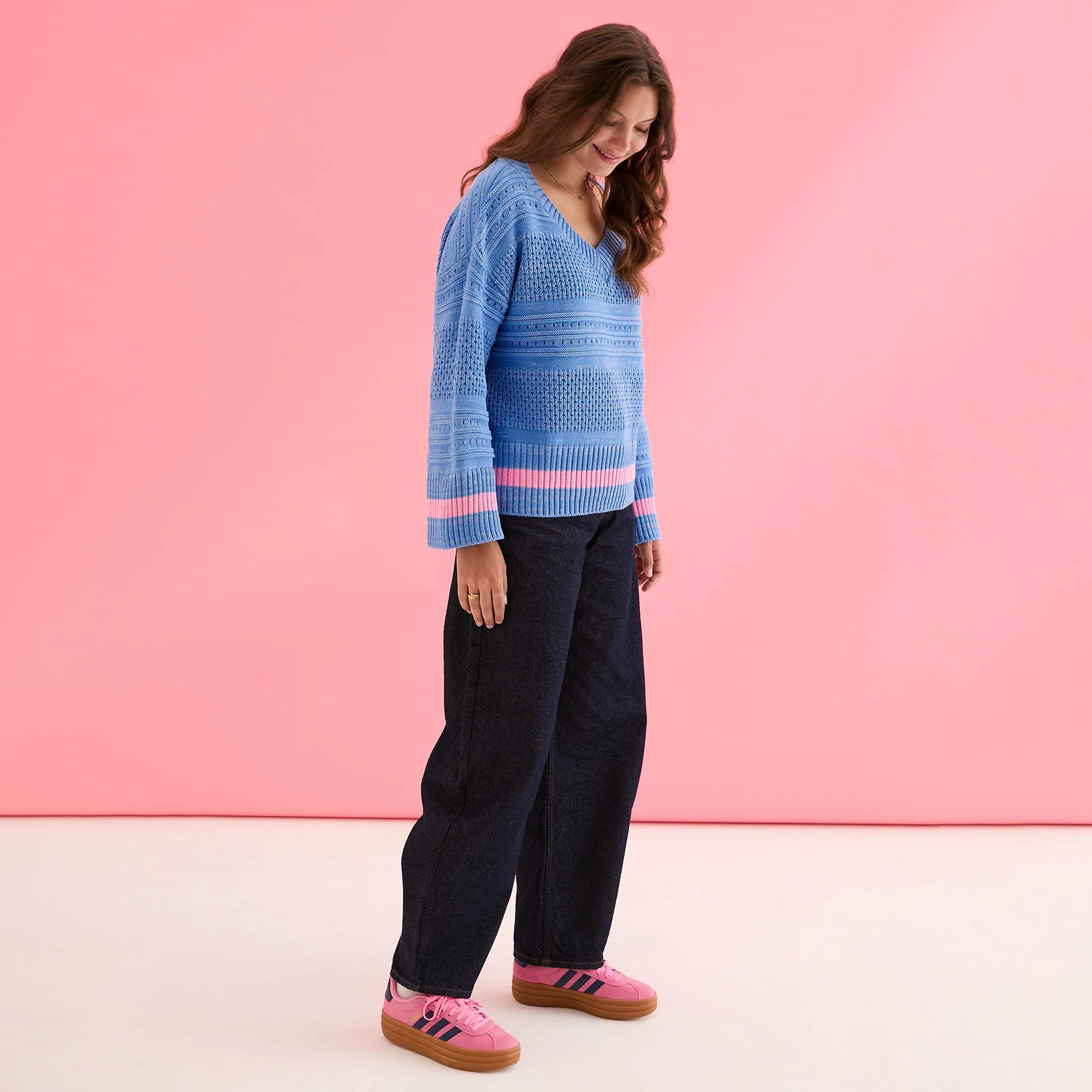 Judith Pointelle Stitch V Neck Jumper - Blue - Image 9
