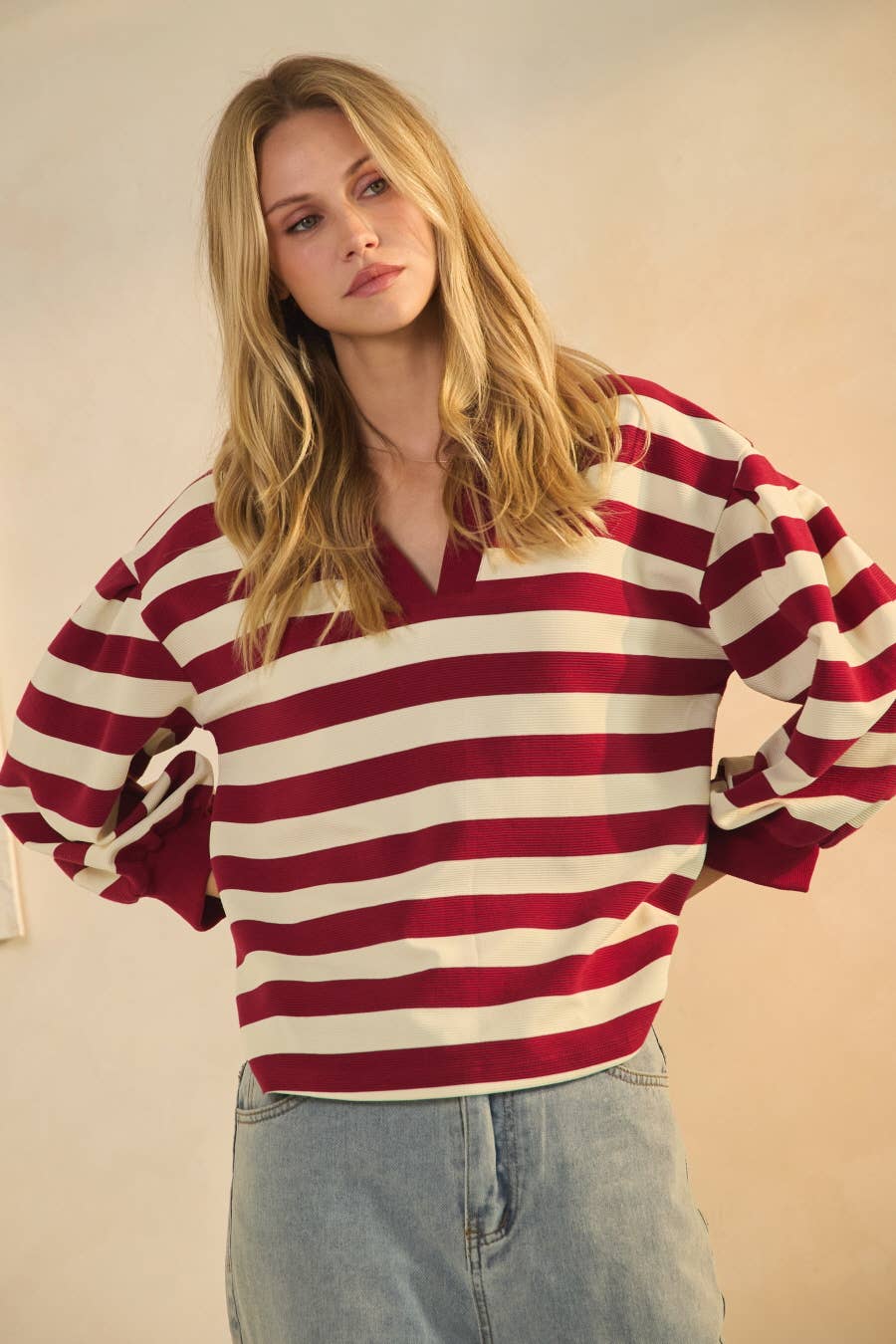 Lucy Striped Ottoman Pullover - Dark Red - Image 4