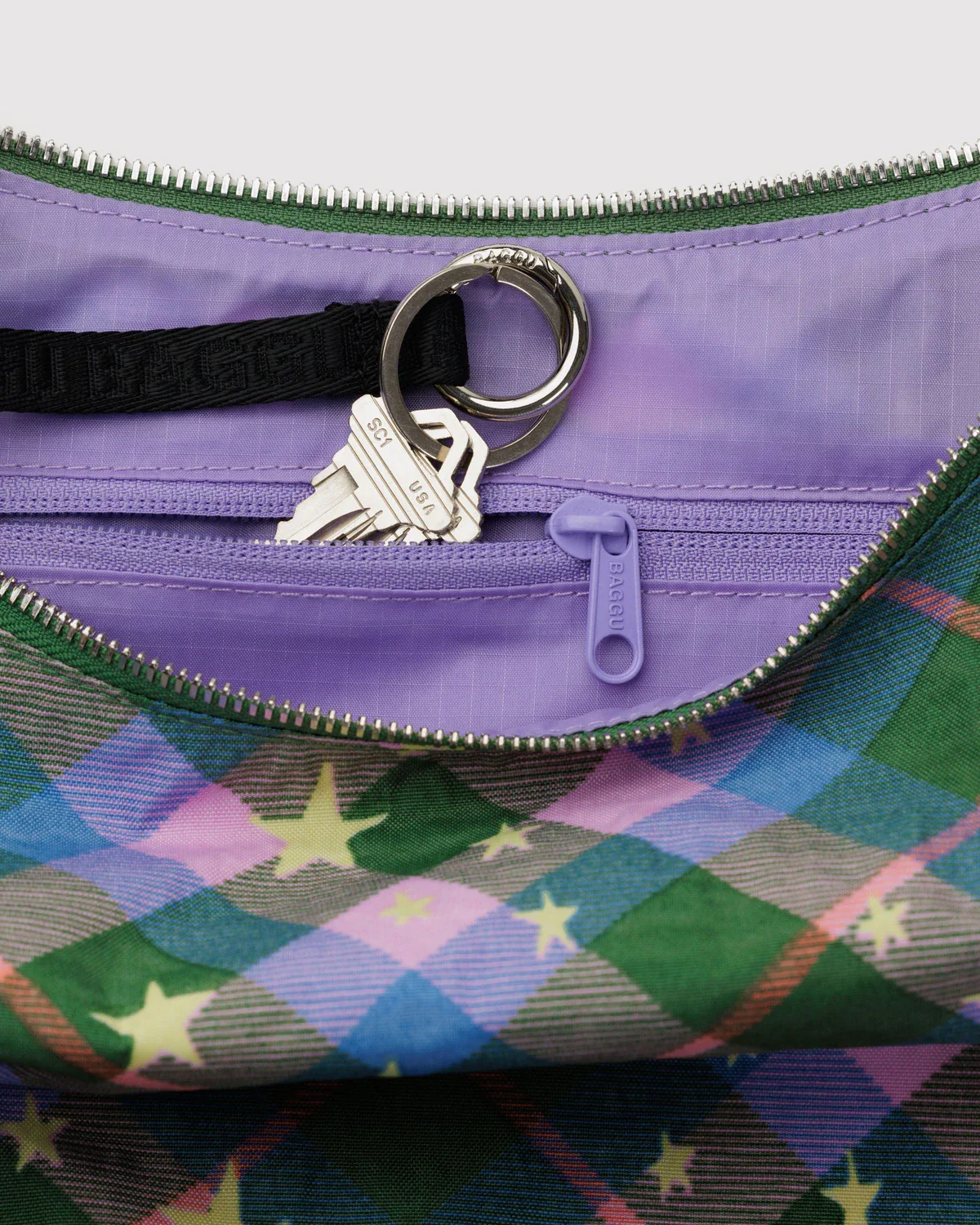 Medium Nylon Crescent Bag - Green Star Plaid - Image 3