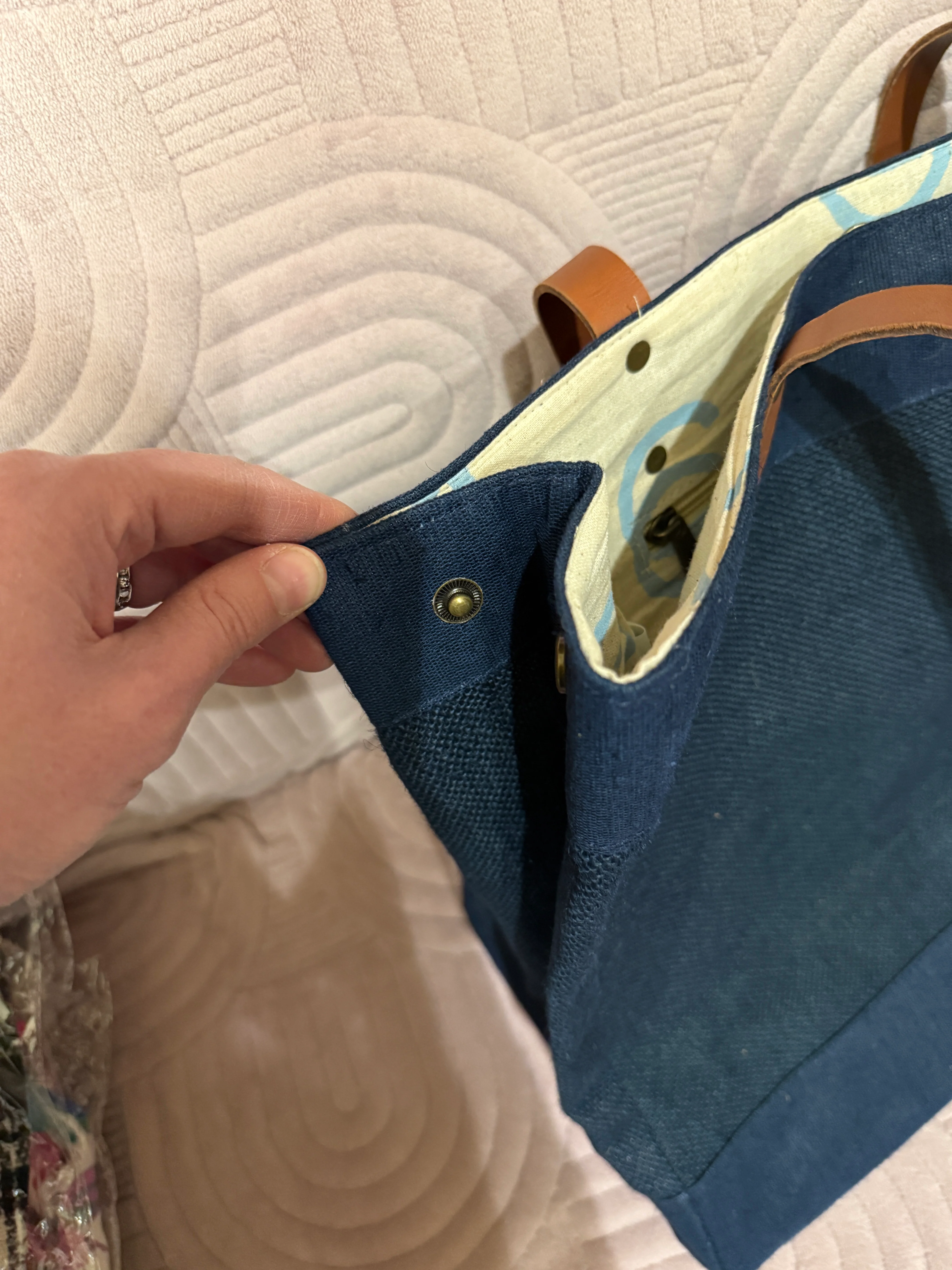 Navy & Leather Tote Bag - Image 5