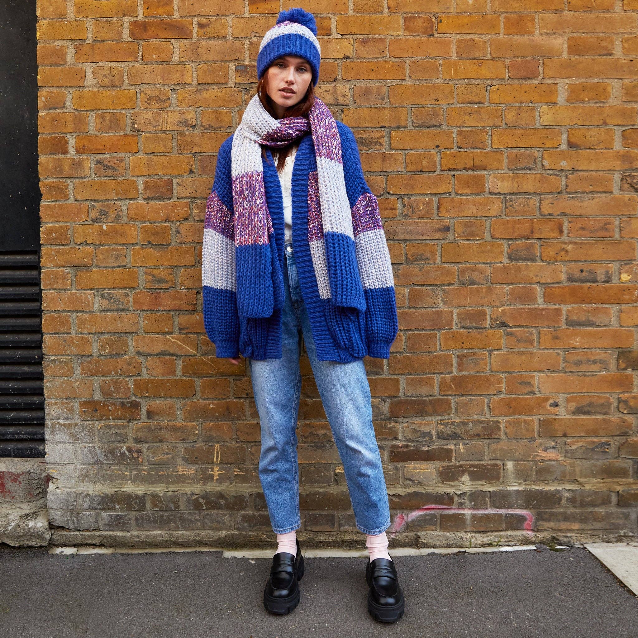 Phoebe Stripe Beanie Bobble Hat - Cobalt Blue - Image 4
