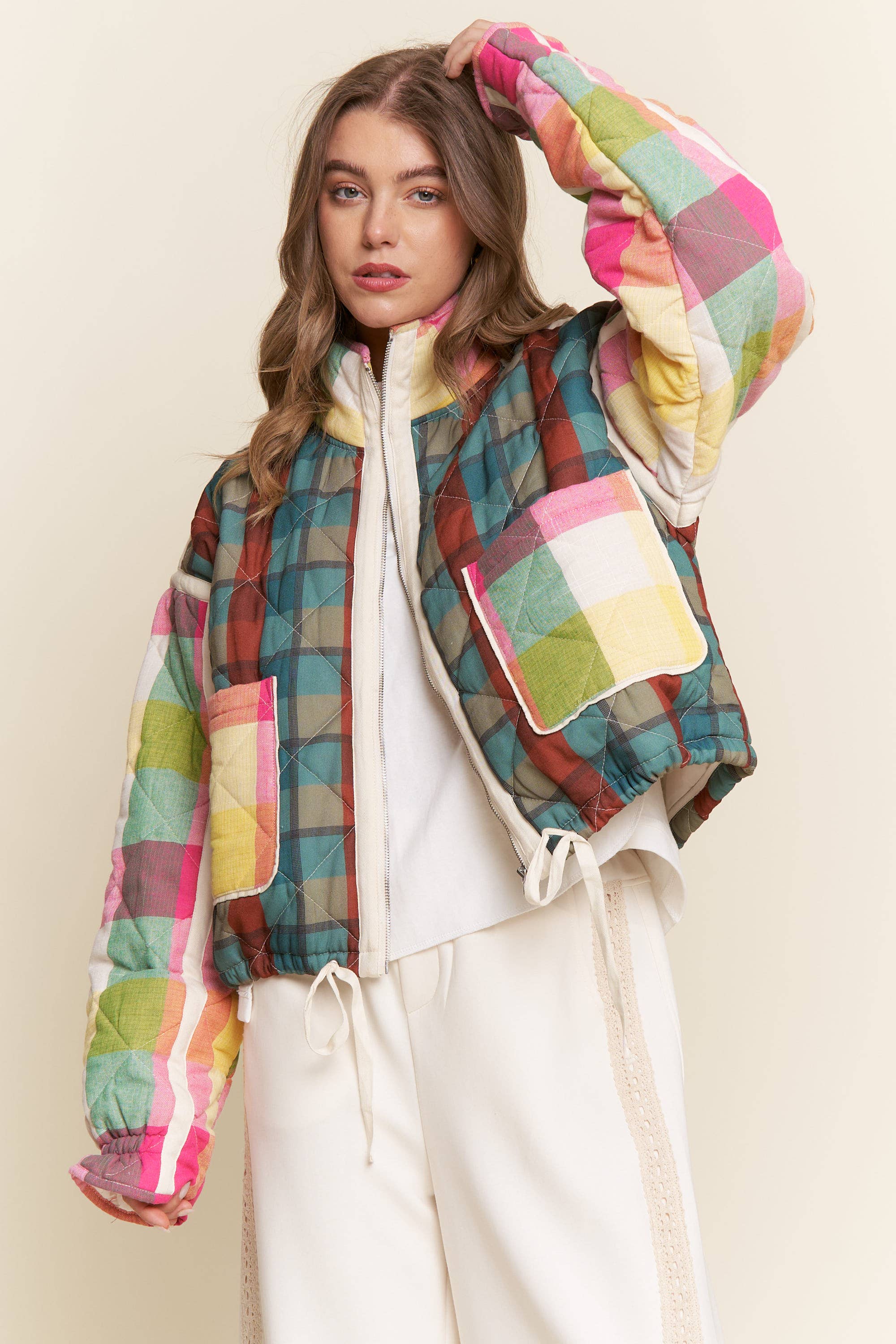 Rainbow Plaid Puffer Jacket - Image 3