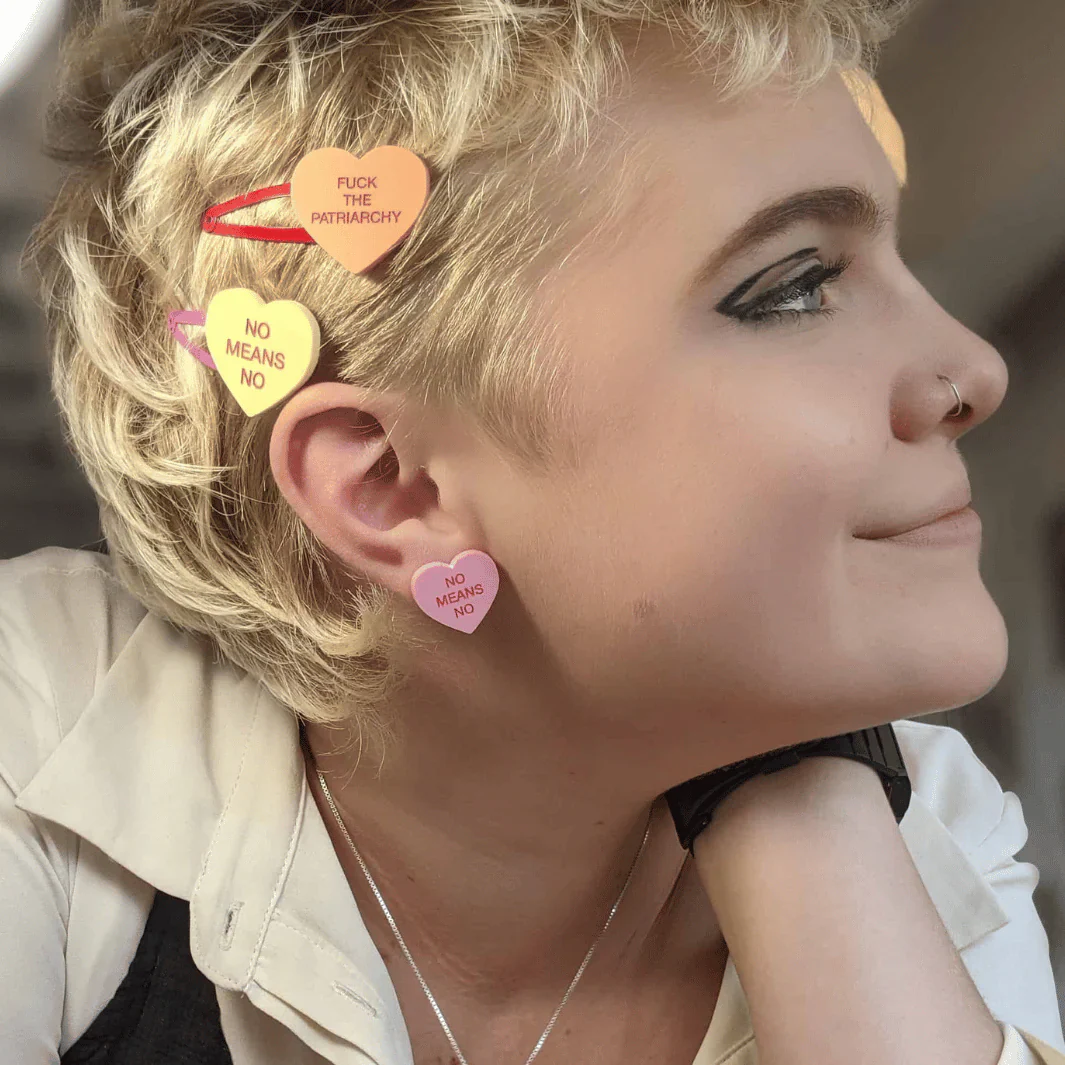 She / They Pronoun 'Gentle Reminder' Candy Heart Hair Clips - Image 2