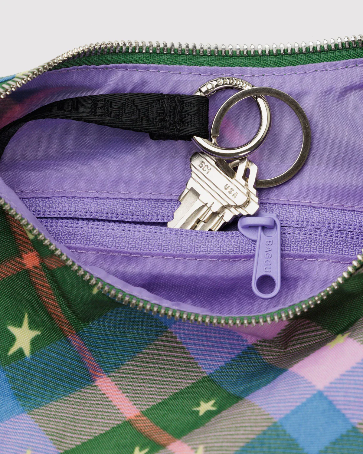 Small Nylon Crescent Bag - Green Star Plaid - Image 3