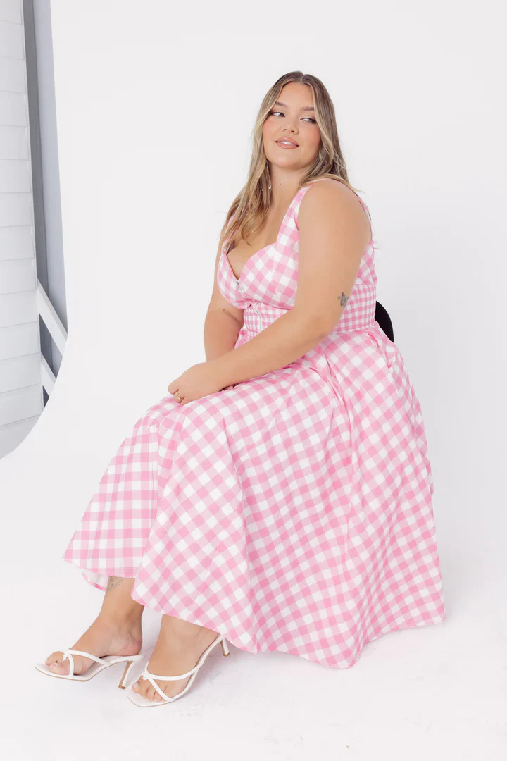 Taylor Pink Gingham Cotton Midi Dress - Image 5