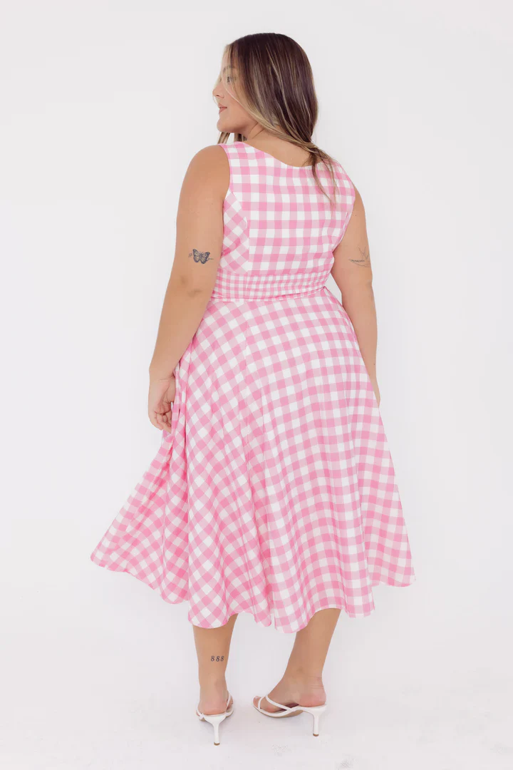 Taylor Pink Gingham Cotton Midi Dress - Image 6