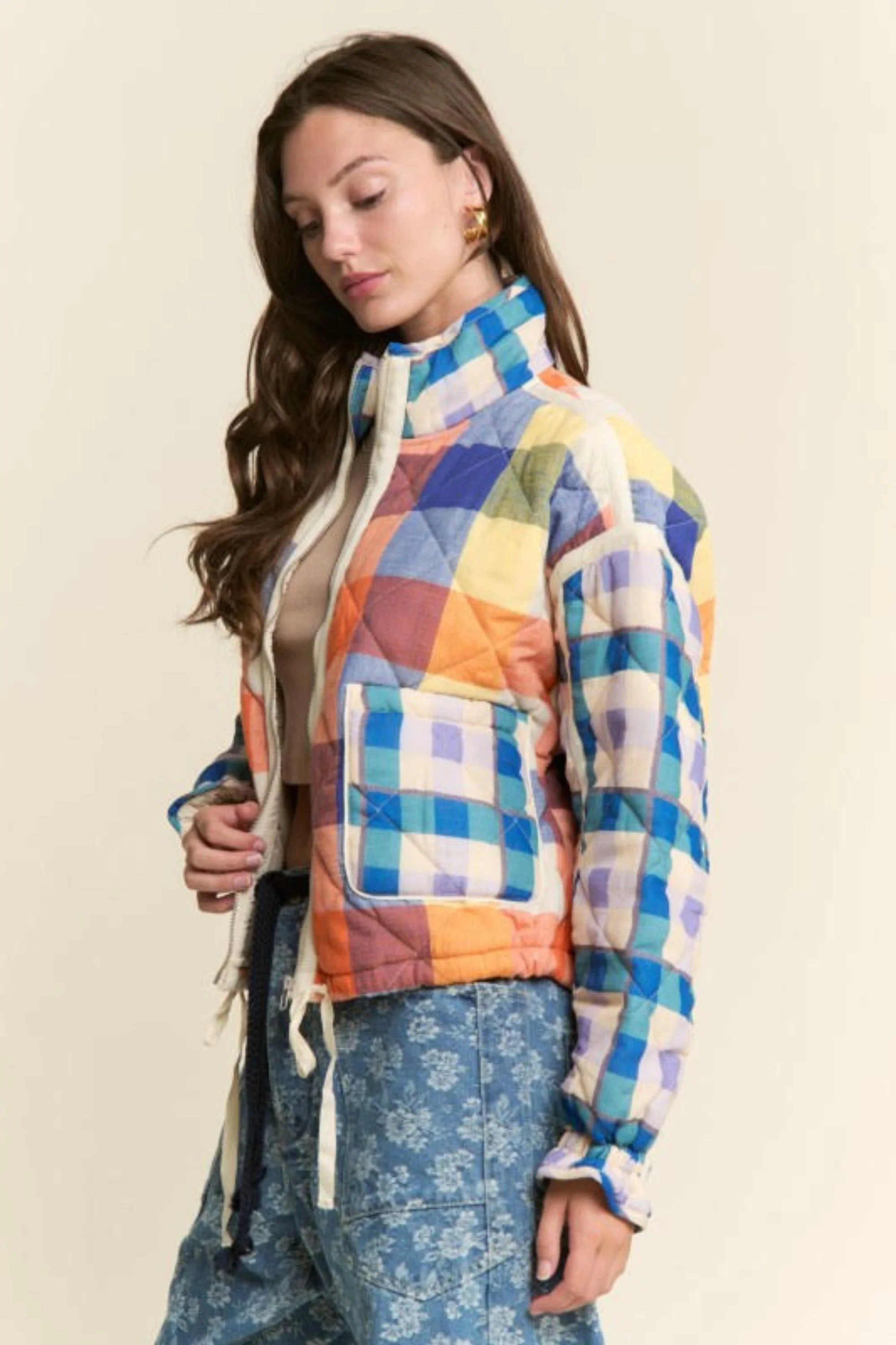 Warm Blues Plaid Puffer Jacket - Image 5